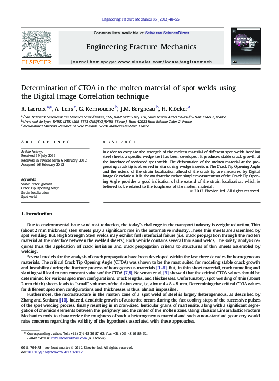 (PDF) Determination of CTOA in the molten material of spot welds using ...