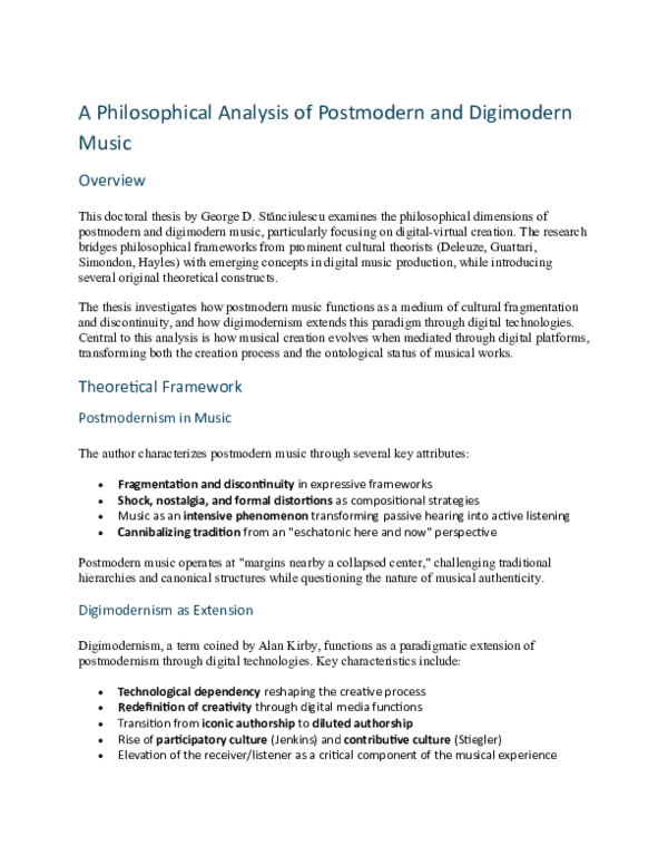 (PDF) A Philosophical Analysis of Postmodern and Digimodern Music Overview