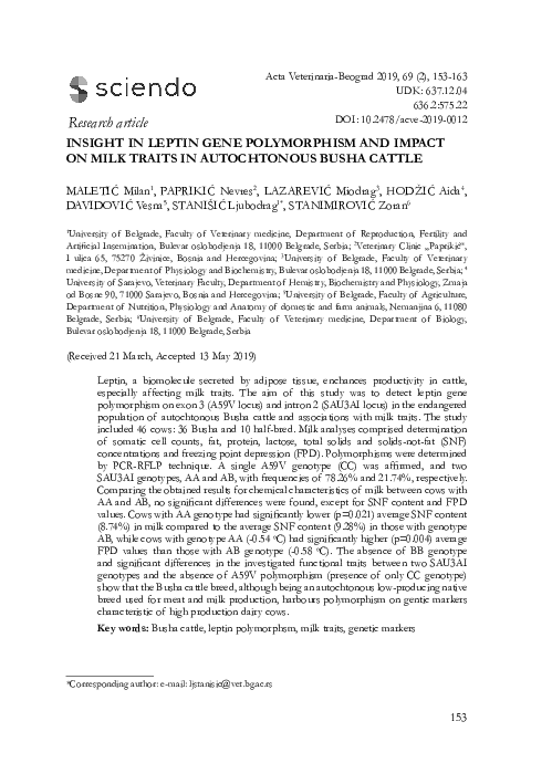 (PDF) Insight in Leptin Gene Polymorphism and Impact on Milk Traits in ...