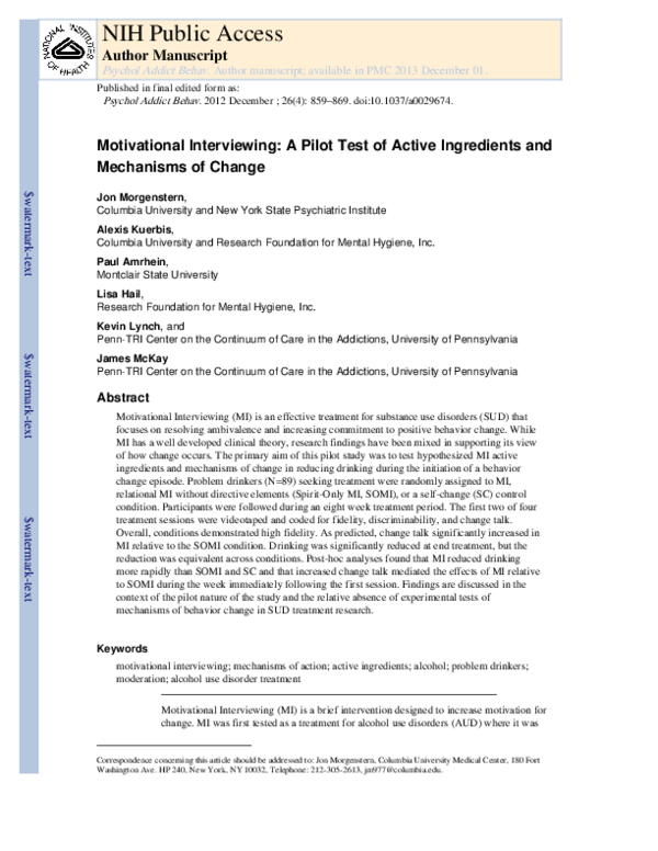 (PDF) Motivational interviewing: A pilot test of active ingredients and ...