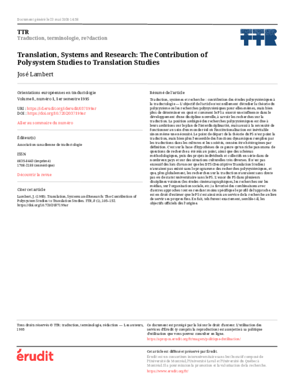 (PDF) Translation, Systems and Research: The Contribution of Polysystem ...