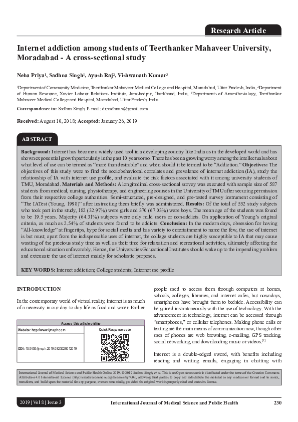 (PDF) Internet addiction among students of Teerthanker Mahaveer ...