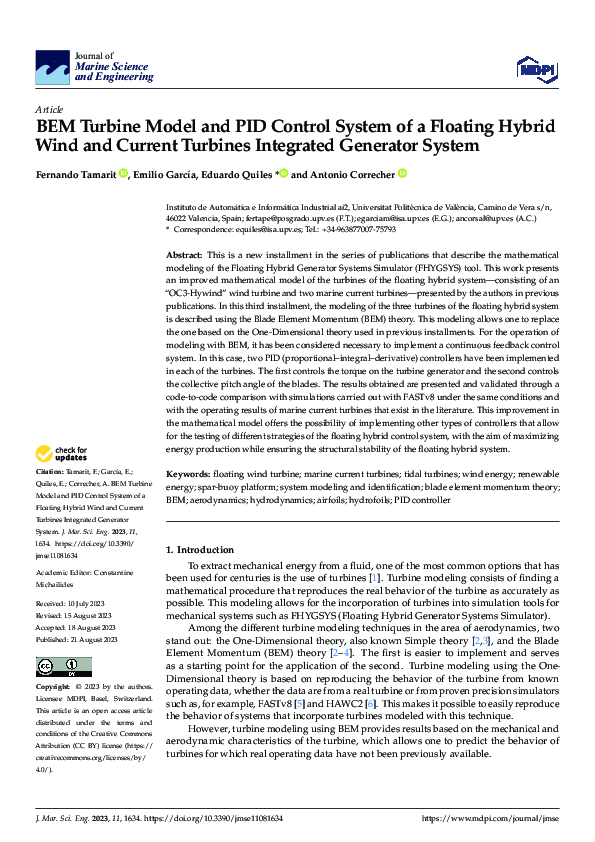 (PDF) BEM Turbine Model and PID Control System of a Floating Hybrid ...