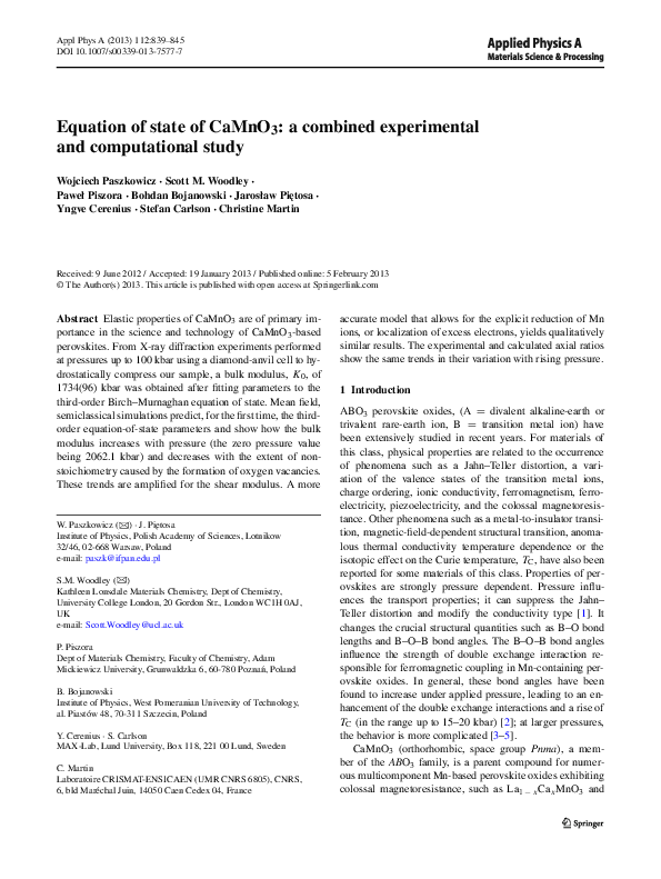 (PDF) Equation of state of CaMnO3: a combined experimental and ...