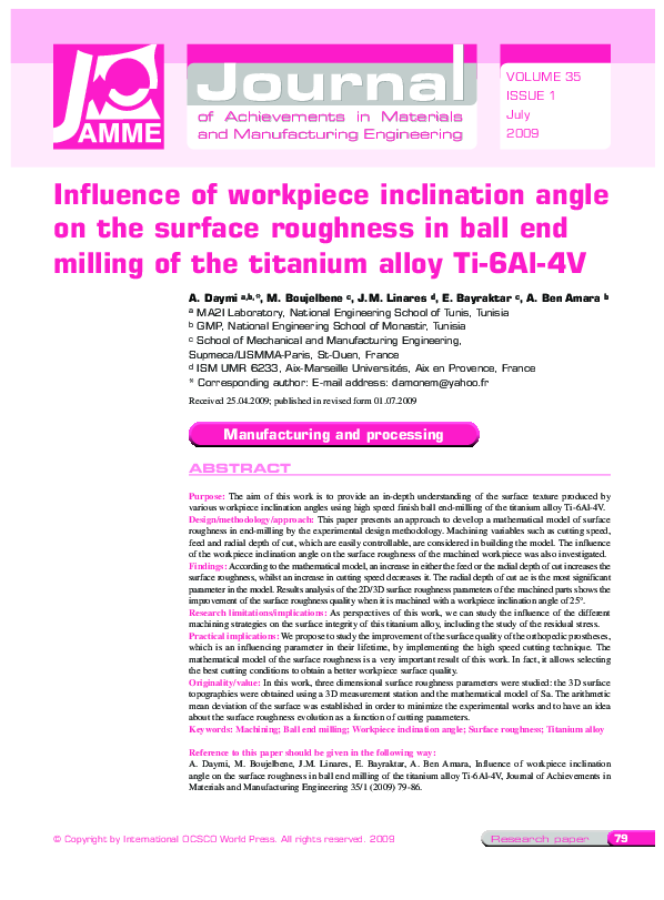 (PDF) Influence of workpiece inclination angle on the surface roughness ...