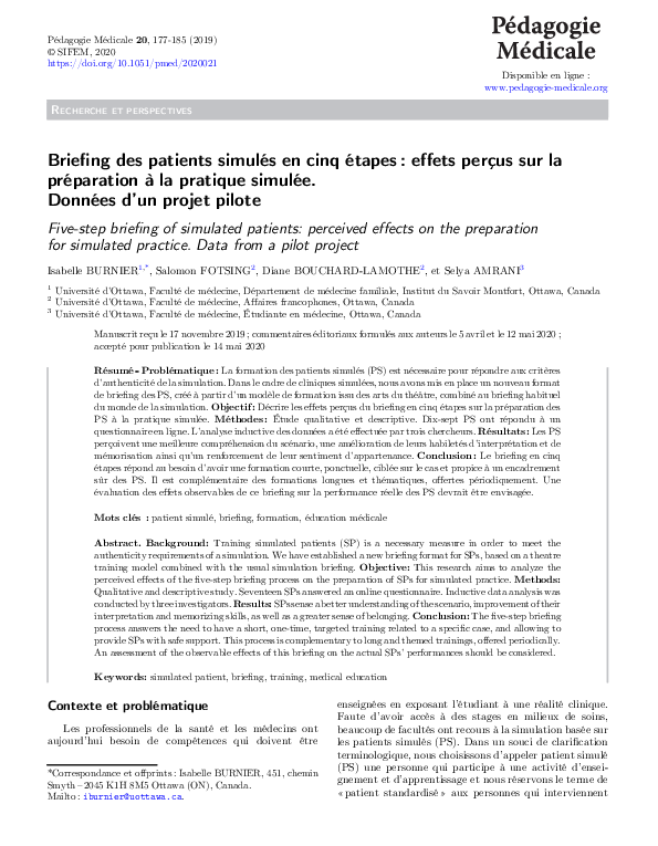 (PDF) Briefing des patients simulés en cinq étapes : effets perçus sur ...