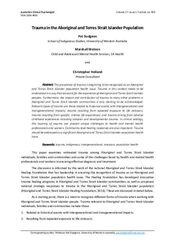 (PDF) Trauma in the Aboriginal and Torres Strait Islander Population