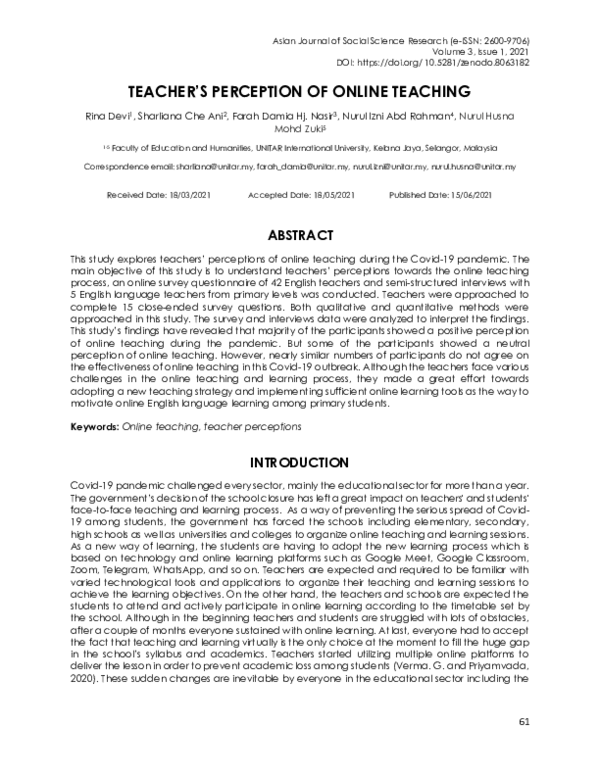 (PDF) Teacher's Perception of Online Teaching