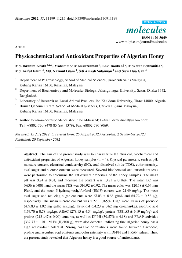 (PDF) Physicochemical and Antioxidant Properties of Algerian Honey