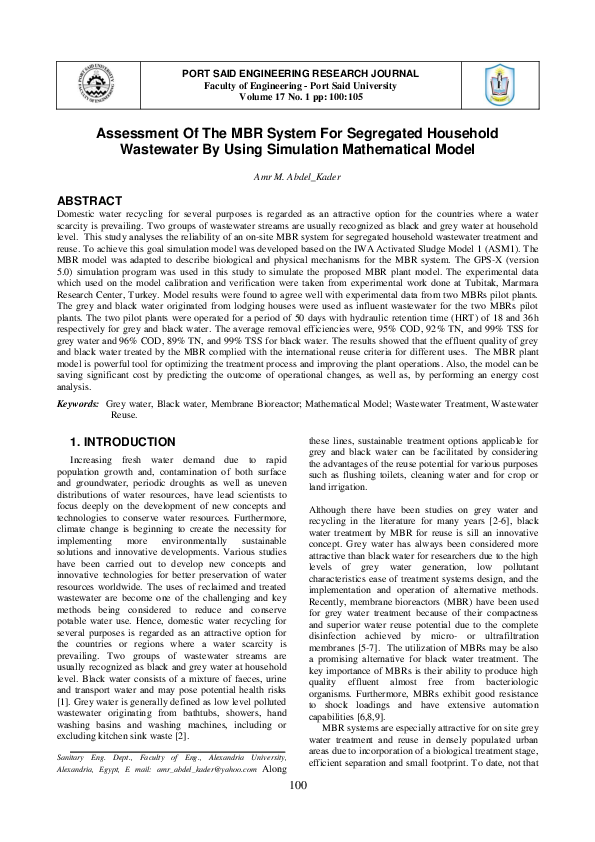 (PDF) Assessment Of The MBR System For Segregated Household Wastewater ...