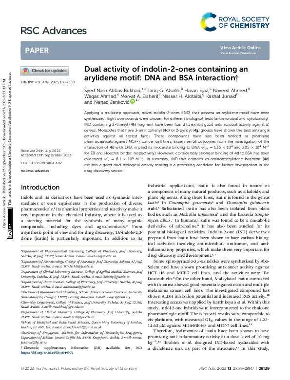 (PDF) Dual activity of indolin-2-ones containing an arylidene motif ...