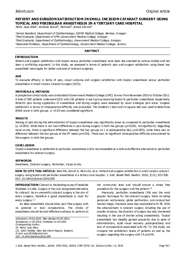 (PDF) Patient and Surgeon Satisfaction in Small Incision Cataract ...