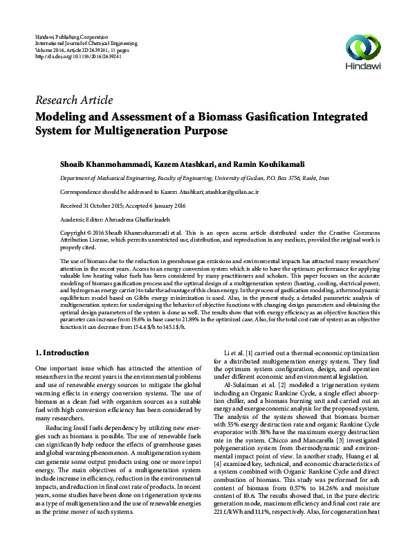 (PDF) Modeling and Assessment of a Biomass Gasification Integrated ...