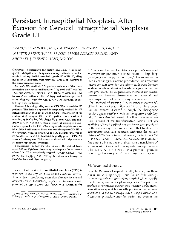 (PDF) Persistent Intraepithelial Neoplasia After Excision for Cervical ...