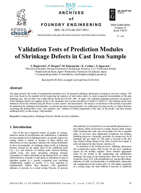 (PDF) Validation Tests of Prediction Modules of Shrinkage Defects in ...