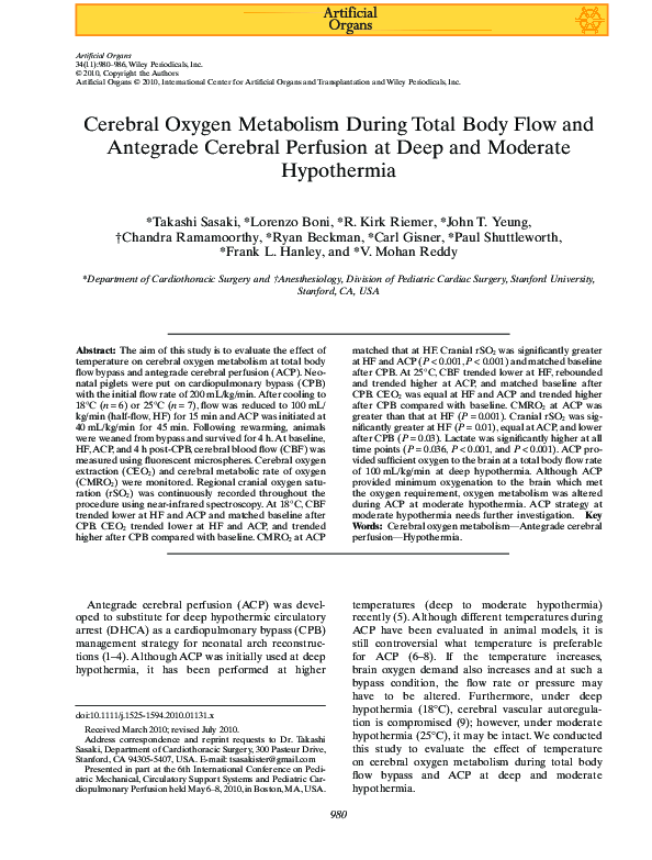 (PDF) Cerebral Oxygen Metabolism During Total Body Flow and Antegrade ...