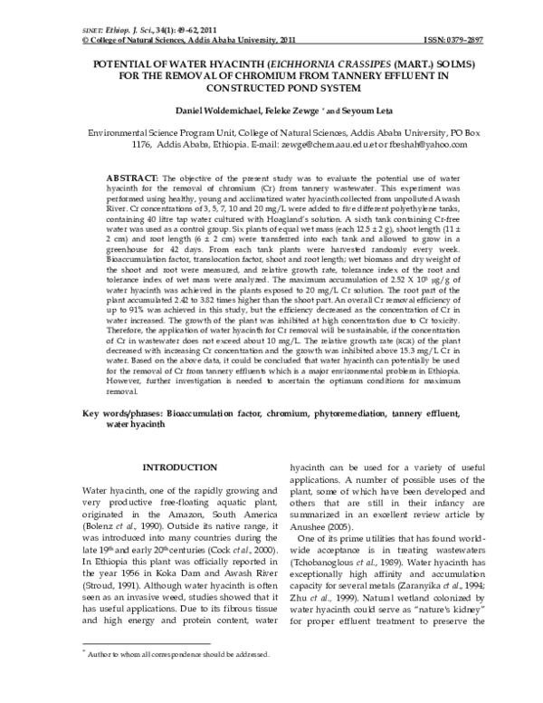 (PDF) Potential of Water Hyacinth (Eichhornia Crassipes (MART.) Solms ...