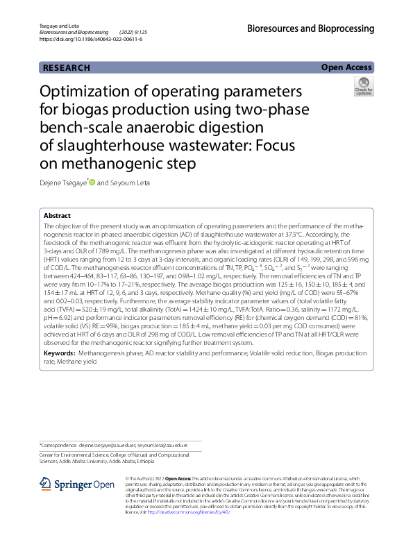 (PDF) Optimization of operating parameters for biogas production using ...