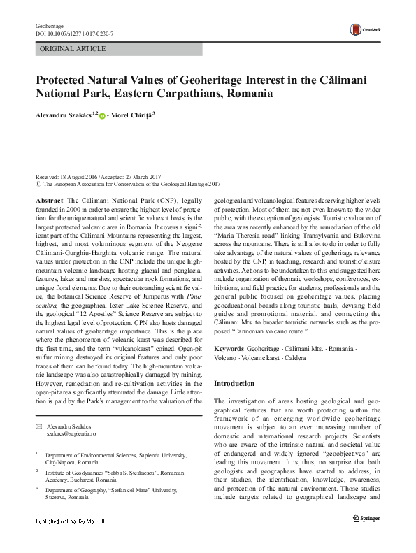 (PDF) Protected Natural Values of Geoheritage Interest in the Călimani ...
