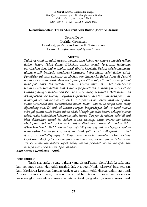 (PDF) Kesaksian dalam Talak Menurut Abu Bakar Jabir Al-Jazairi