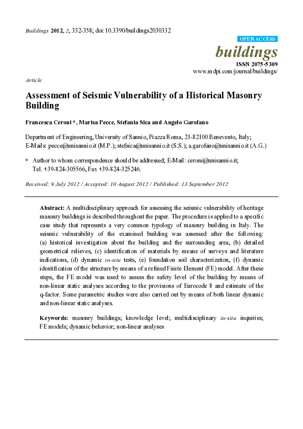 (PDF) Assessment of Seismic Vulnerability of a Historical Masonry Building