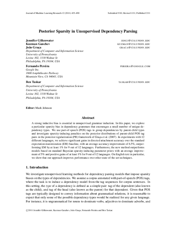 (PDF) Posterior Sparsity in Unsupervised Dependency Parsing