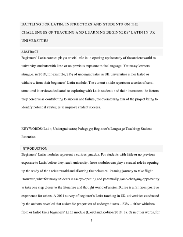 (PDF) Battling for Latin: Instructors and Students on the Challenges of ...