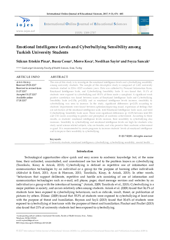 (PDF) Emotional Intelligence Levels and Cyberbullying Sensibility among ...