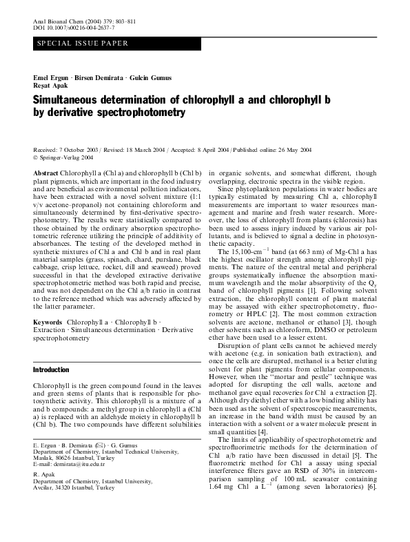 (PDF) Simultaneous determination of chlorophyll a and chlorophyll b by ...