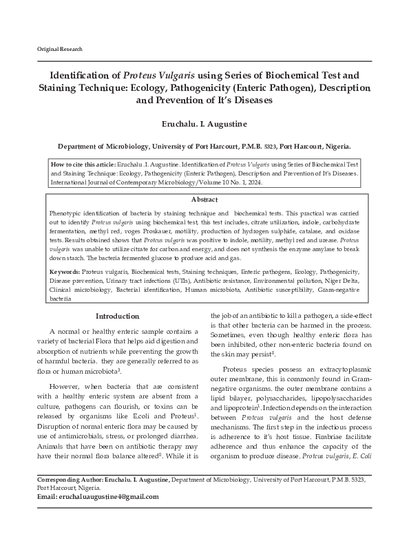 (PDF) Identification of Proteus Vulgaris using Series of Biochemical ...