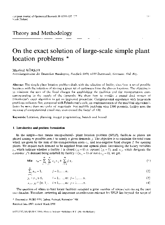 (PDF) On the exact solution of large-scale simple plant location problems