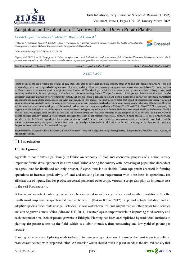 (PDF) Adaptation and Evaluation of Two row Tractor Drawn Potato Planter