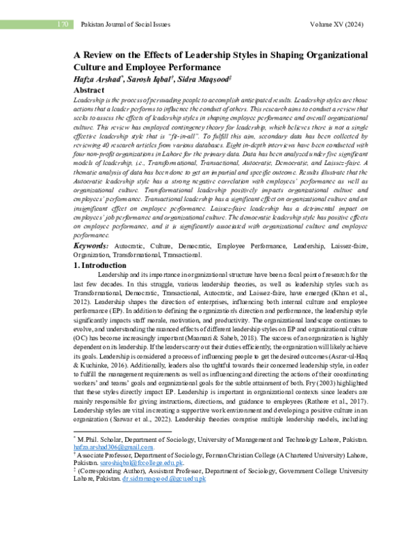 (PDF) A Review on the Effects of Leadership Styles in Shaping ...