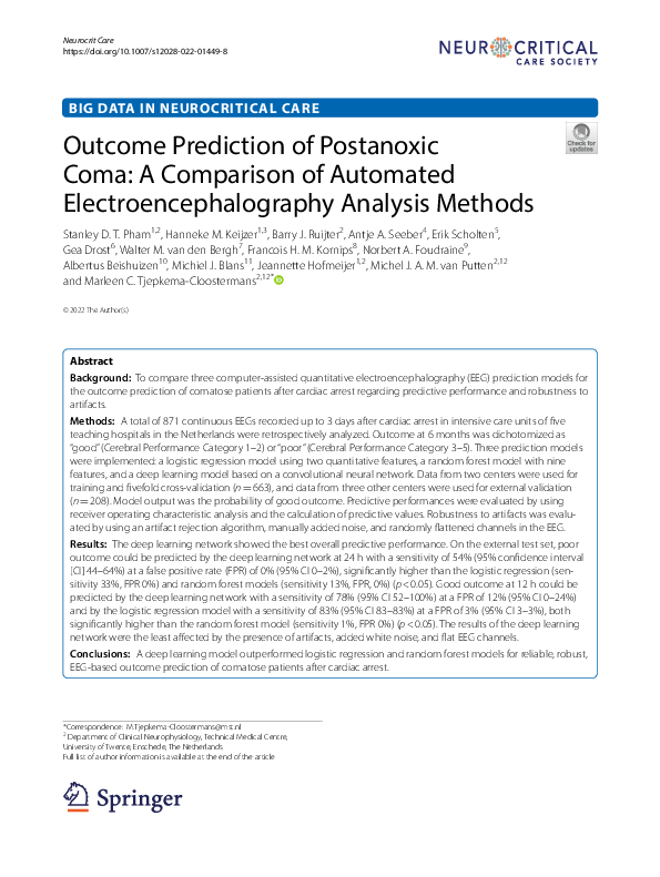 (PDF) Outcome Prediction of Postanoxic Coma: A Comparison of Automated ...