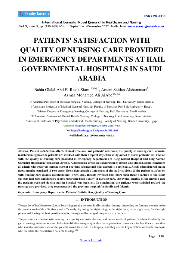 (PDF) PATIENTS' SATISFACTION WITH QUALITY OF NURSING CARE PROVIDED IN ...