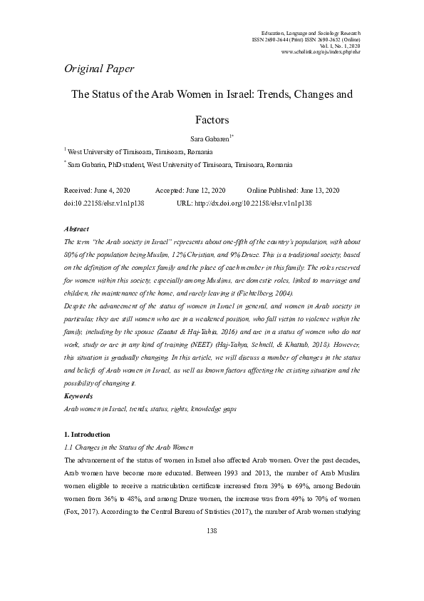 (PDF) The Status of the Arab Women in Israel: Trends, Changes and Factors