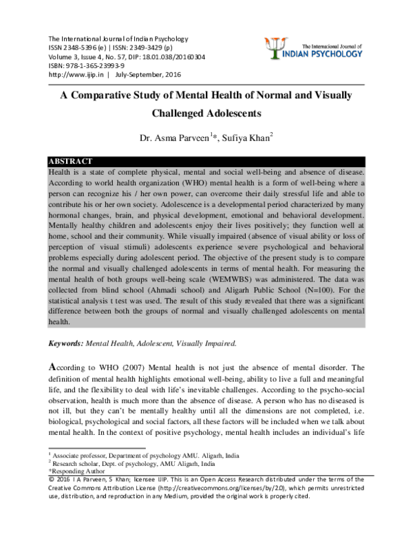 (PDF) A Comparative Study of Mental Health of Normal and Visually ...