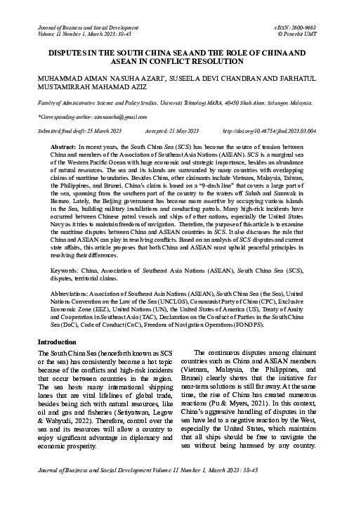 (PDF) Disputes in the South China Sea and the Role of China and Asean ...