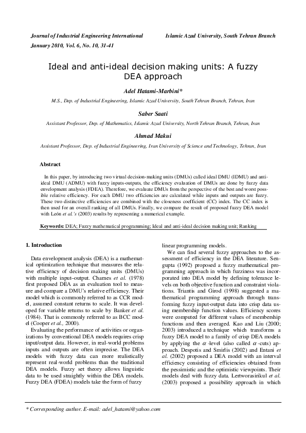 (PDF) Ideal and Anti-Ideal Decision Making Units: A Fuzzy DEA Approach