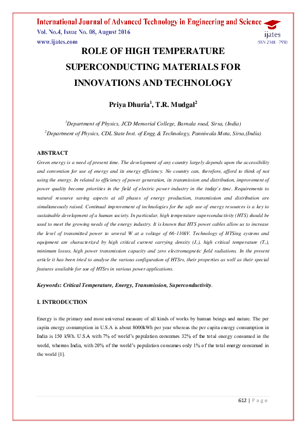 (PDF) Role of High Temperature Superconducting Materials for ...