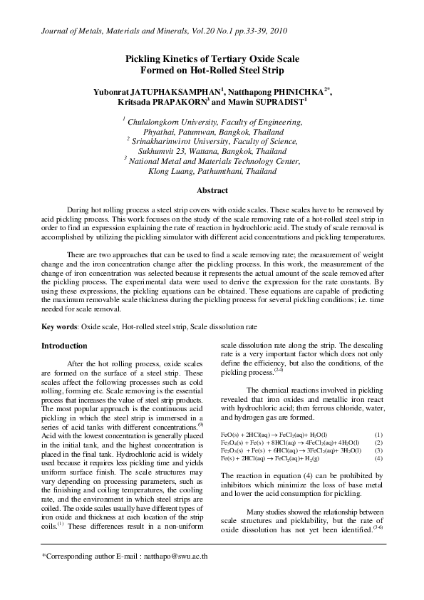 (PDF) Pickling Kinetics of Tertiary Oxide Scale Formed on Hot-Rolled ...