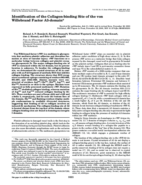 (PDF) Identification of the Collagen-binding Site of the von Willebrand ...