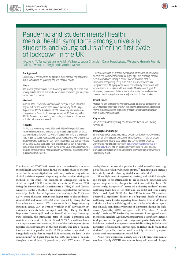 (PDF) Pandemic and student mental health: mental health symptoms among ...