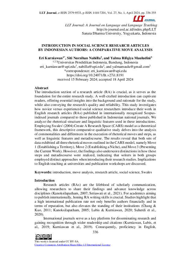 (PDF) Introduction in social science research articles by Indonesian ...