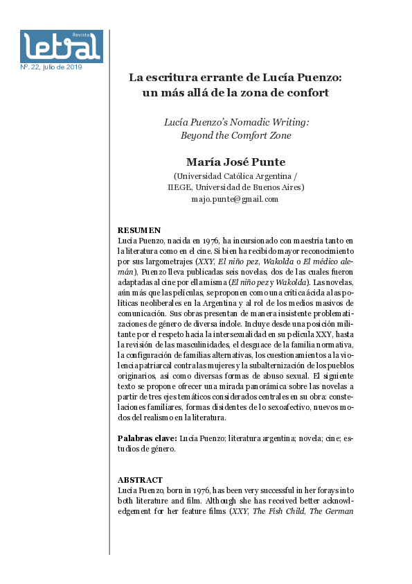 (PDF) Lucía Puenzo’s Nomadic Writing: Beyond the Comfort Zone