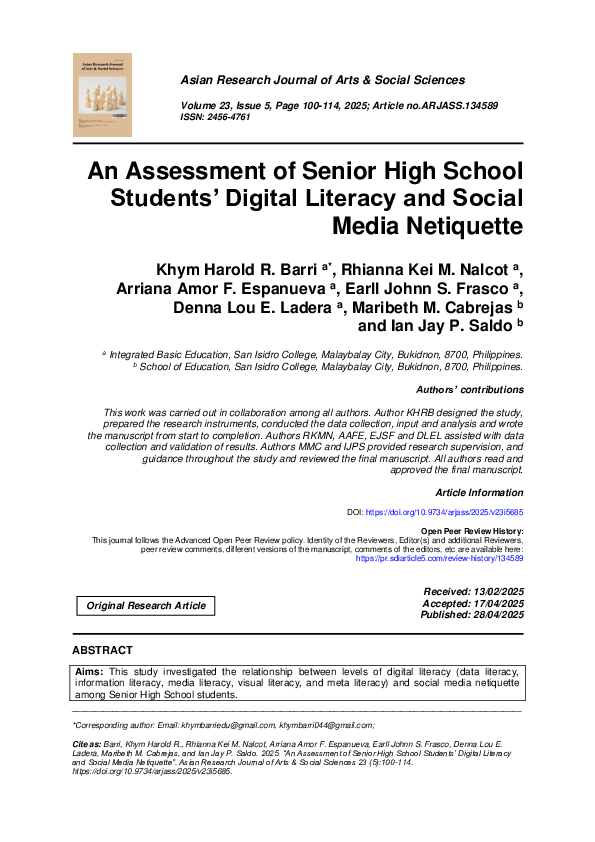 (PDF) An Assessment of Senior High School Students’ Digital Literacy ...