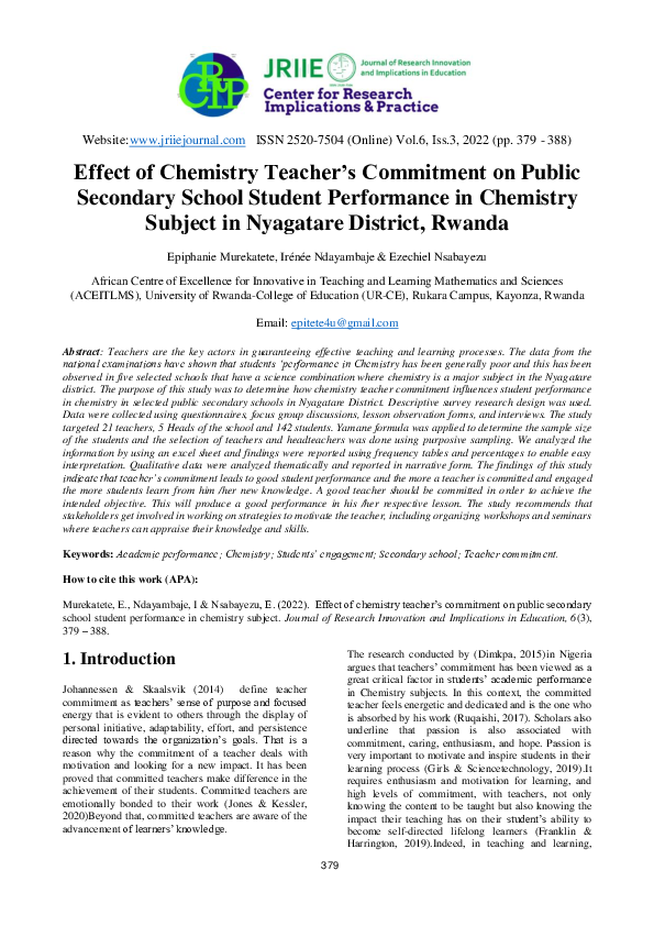 (PDF) Effect of Chemistry Teacher's Commitment on Public Secondary ...