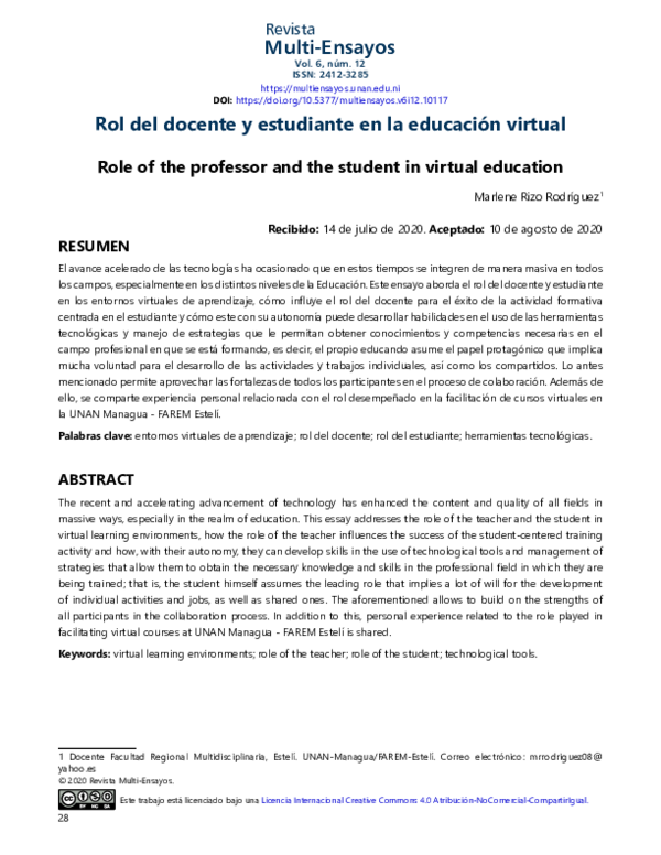 (PDF) Rol del docente y estudiante en la educación virtual