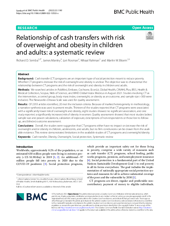 (PDF) Relationship of cash transfers with risk of overweight and ...