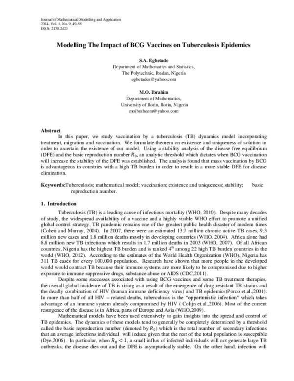 (PDF) Modelling the Impact of BCG Vaccines on Tuberculosis Epidemics